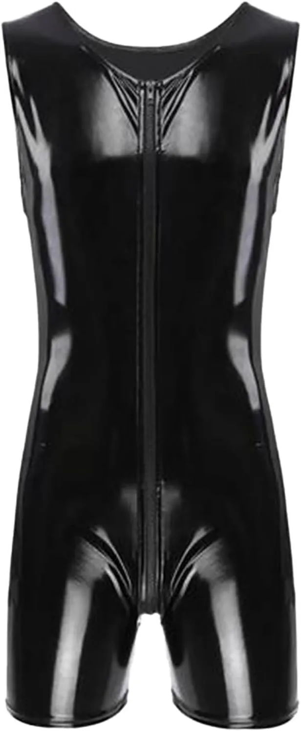 One Piece Latex Leather Bodysuit for Men Zip Crotch Jumpsuit Tank Top Wetlook Swimsuit Sleeveless Shapewear Clubwear