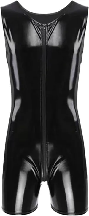 One Piece Latex Leather Bodysuit for Men Zip Crotch Jumpsuit Tank Top Wetlook Swimsuit Sleeveless Shapewear Clubwear