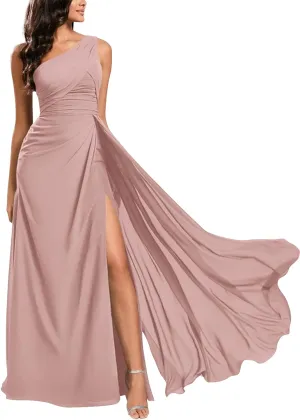 One Shoulder Bridesmaid Dresses for Wedding Long Slit Chiffon Pleated Zipper Back Formal Evening Gown