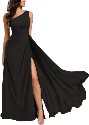 One Shoulder Bridesmaid Dresses for Wedding Long Slit Chiffon Pleated Zipper Back Formal Evening Gown