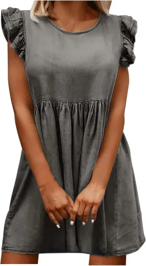 Oplxuo Women's Jean Tank Dresses Summer Crew Neck Ruffle Cap Sleeve Casual Denim Mini Dress Slim A-Line Tunic Babydoll Dress