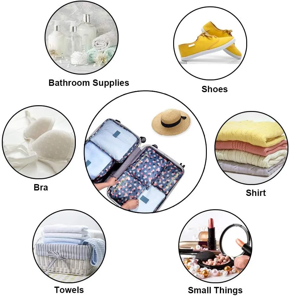 Packing Cubes 6 PCS Travel Accessories Travel Luggage Packing Organizers Bags for Backpack Suitcases, Blue Flower