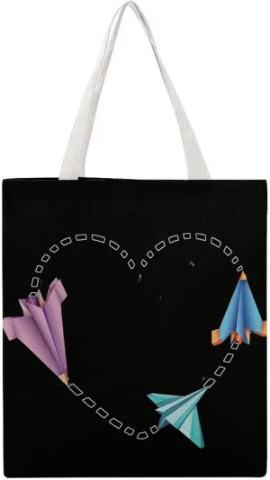 Paper Airplane Heart Canvas Tote Bags Portable Shopping Grocery Bag Shoulder Handbag with Handles