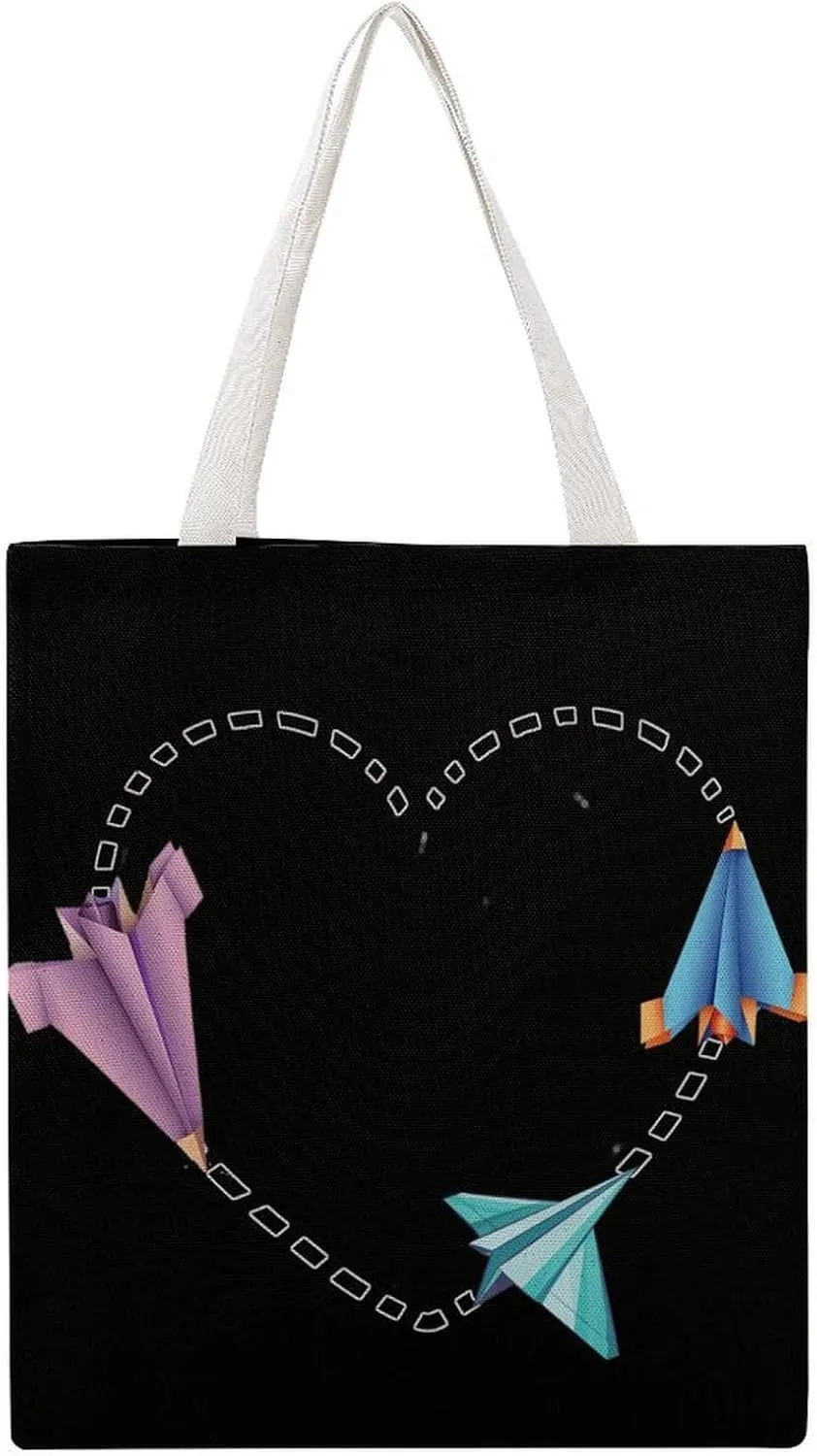 Paper Airplane Heart Canvas Tote Bags Portable Shopping Grocery Bag Shoulder Handbag with Handles
