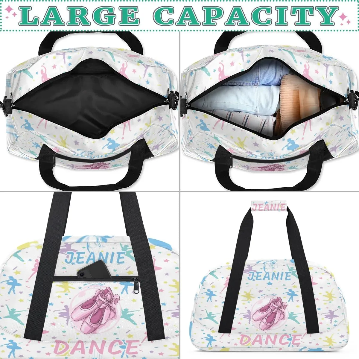 Personalize Kids Dance Duffel Bags with Custom Name & Text Sport Carry-On Garment Shoes Bags Gift for Girls Boys Teens Overnight Weekender Travel White 3