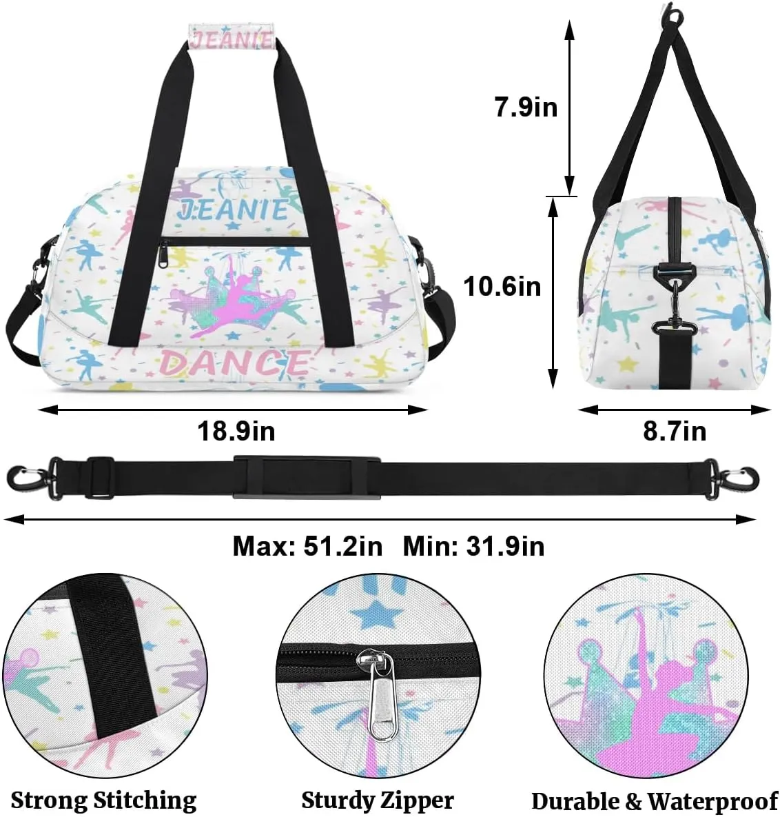 Personalize Kids Dance Duffel Bags with Custom Name & Text Sport Carry-On Garment Shoes Bags Gift for Girls Boys Teens Overnight Weekender Travel White 4