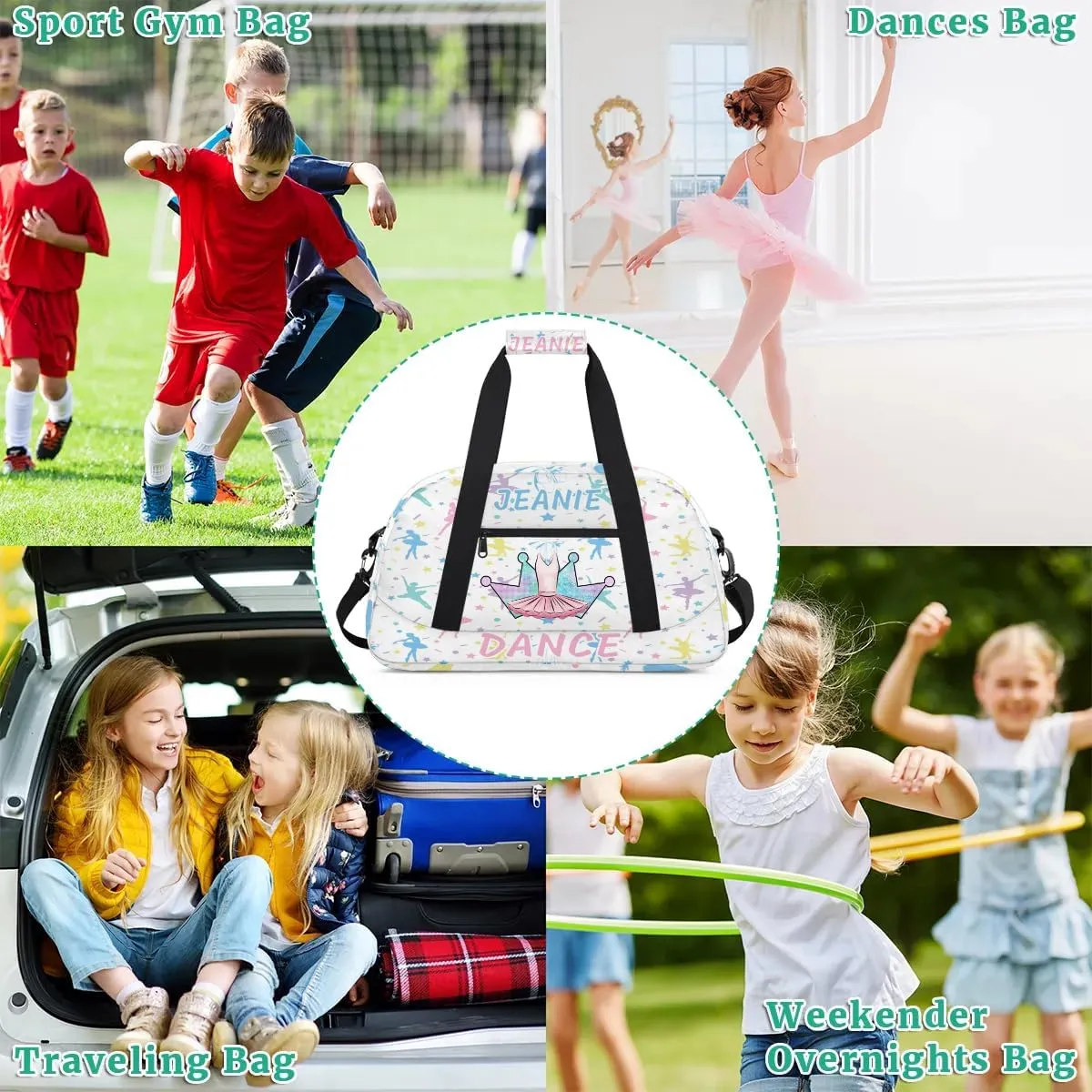 Personalize Kids Dance Duffel Bags with Custom Name & Text Sport Carry-On Garment Shoes Bags Gift for Girls Boys Teens Overnight Weekender Travel White 5