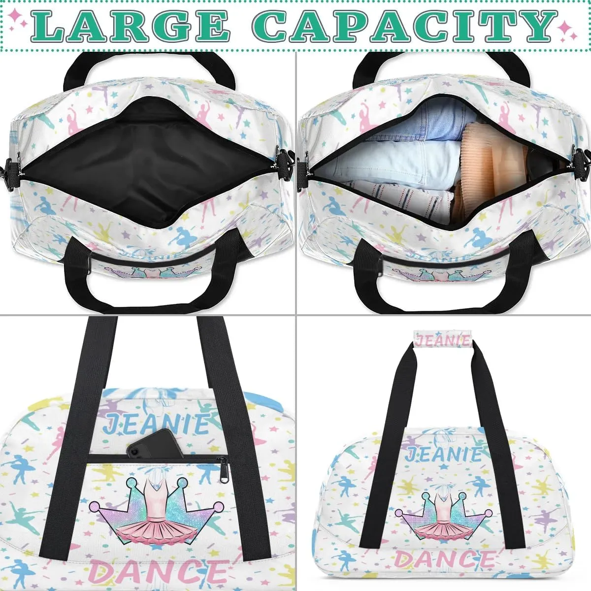 Personalize Kids Dance Duffel Bags with Custom Name & Text Sport Carry-On Garment Shoes Bags Gift for Girls Boys Teens Overnight Weekender Travel White 5