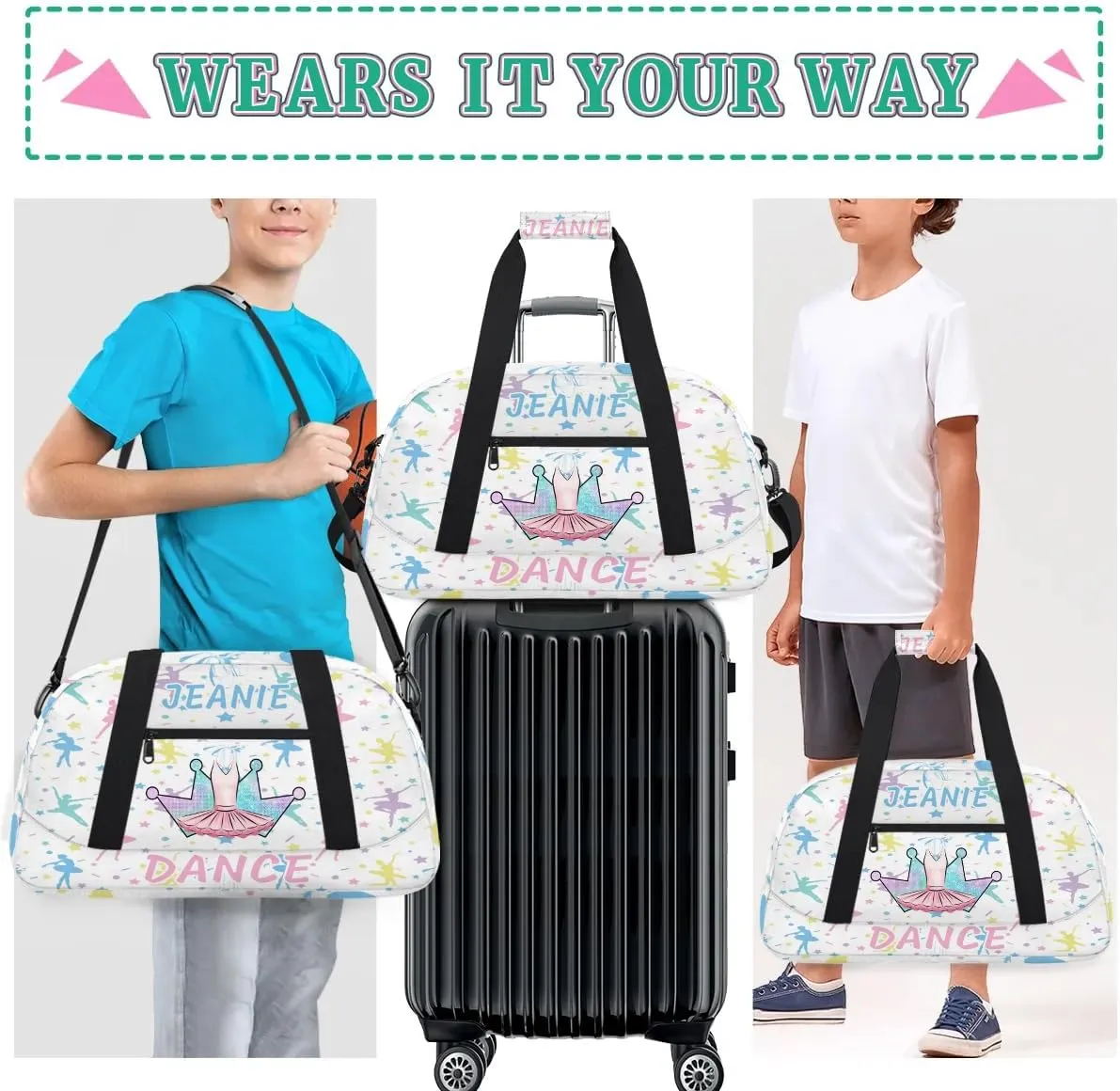 Personalize Kids Dance Duffel Bags with Custom Name & Text Sport Carry-On Garment Shoes Bags Gift for Girls Boys Teens Overnight Weekender Travel White 5