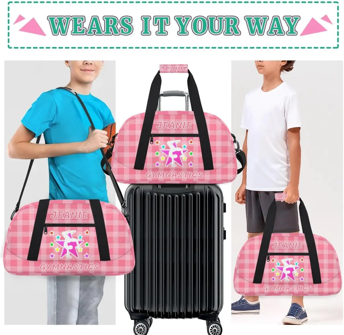 Personalize Kids Gym Duffel Bags with Custom Name & Text Gymnastics Sport Carry-On Garment Shoes Bags Gift for Girls Boys Teens Overnight Weekender Travel Pink Grid 7