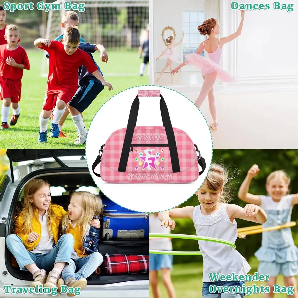 Personalize Kids Gym Duffel Bags with Custom Name & Text Gymnastics Sport Carry-On Garment Shoes Bags Gift for Girls Boys Teens Overnight Weekender Travel Pink Grid 7