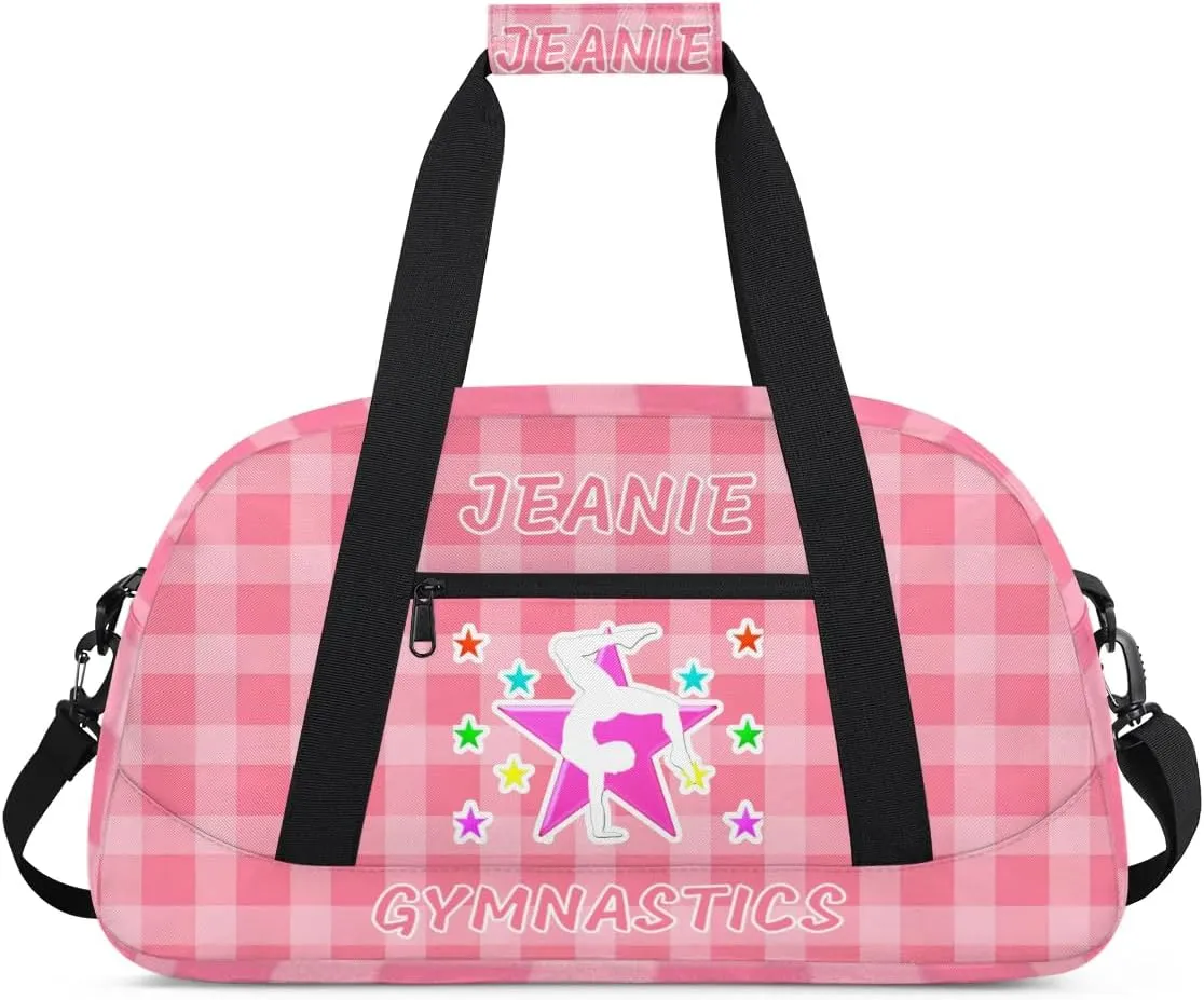 Personalize Kids Gym Duffel Bags with Custom Name & Text Gymnastics Sport Carry-On Garment Shoes Bags Gift for Girls Boys Teens Overnight Weekender Travel Pink Grid 7