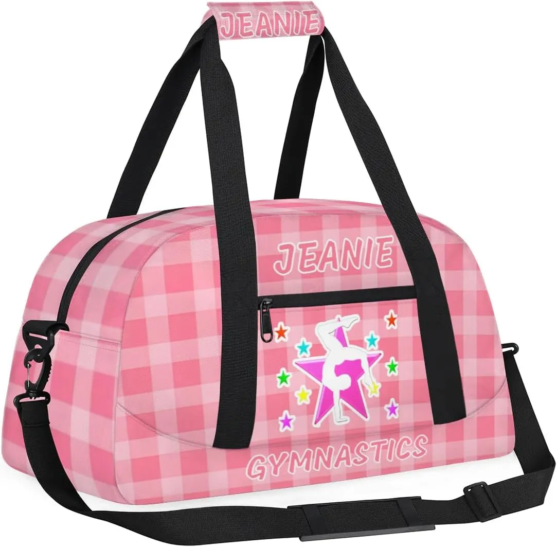 Personalize Kids Gym Duffel Bags with Custom Name & Text Gymnastics Sport Carry-On Garment Shoes Bags Gift for Girls Boys Teens Overnight Weekender Travel Pink Grid 7