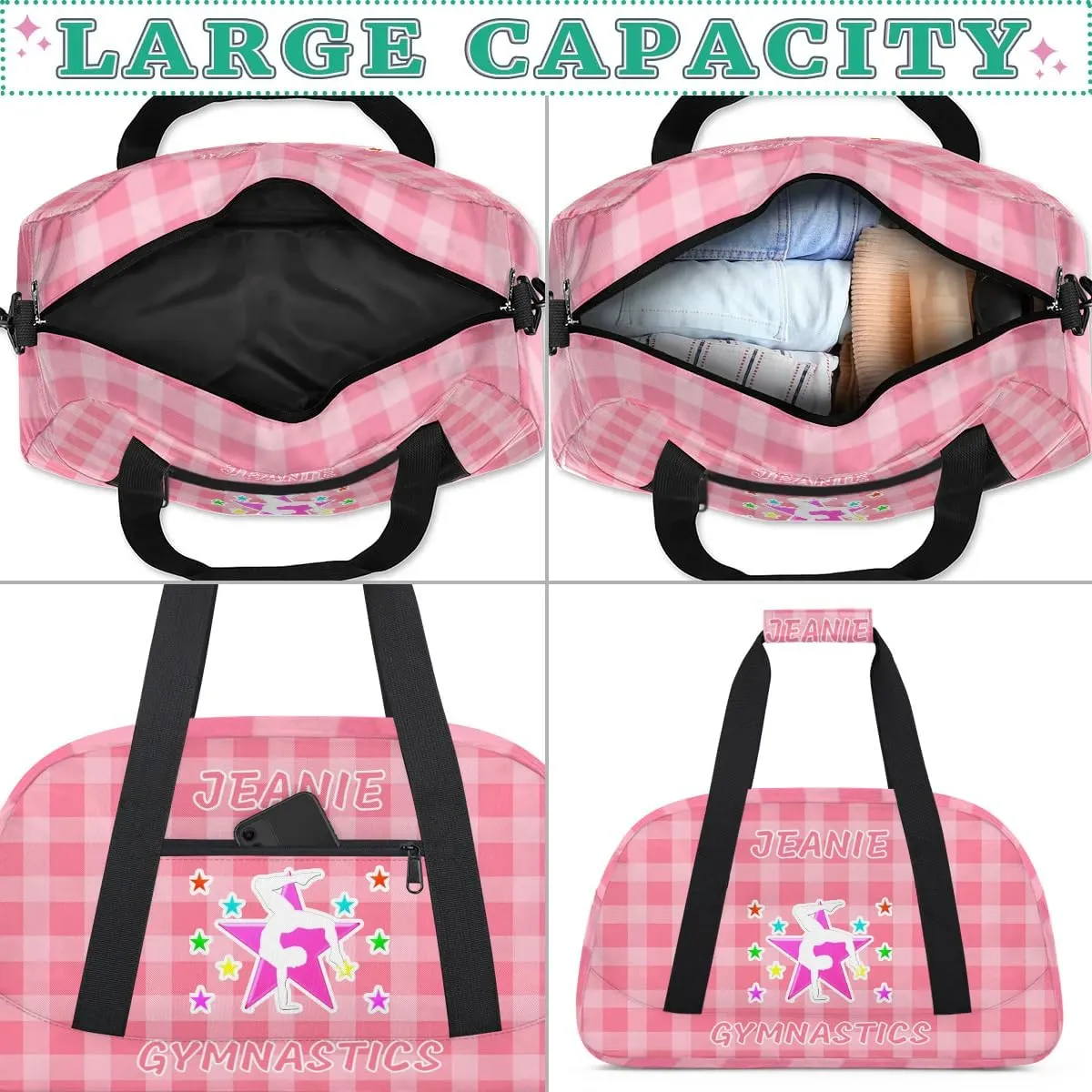 Personalize Kids Gym Duffel Bags with Custom Name & Text Gymnastics Sport Carry-On Garment Shoes Bags Gift for Girls Boys Teens Overnight Weekender Travel Pink Grid 7