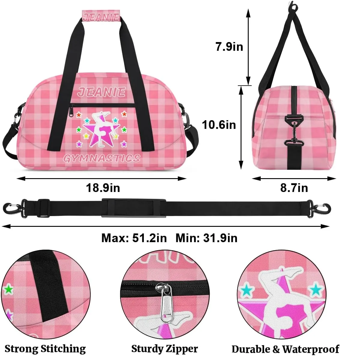 Personalize Kids Gym Duffel Bags with Custom Name & Text Gymnastics Sport Carry-On Garment Shoes Bags Gift for Girls Boys Teens Overnight Weekender Travel Pink Grid 7