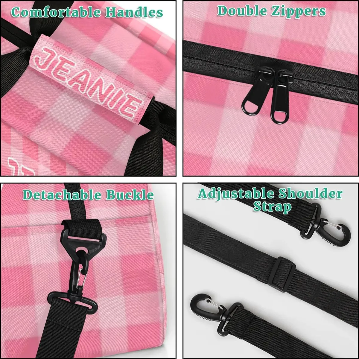 Personalize Kids Gym Duffel Bags with Custom Name & Text Gymnastics Sport Carry-On Garment Shoes Bags Gift for Girls Boys Teens Overnight Weekender Travel Pink Grid 7