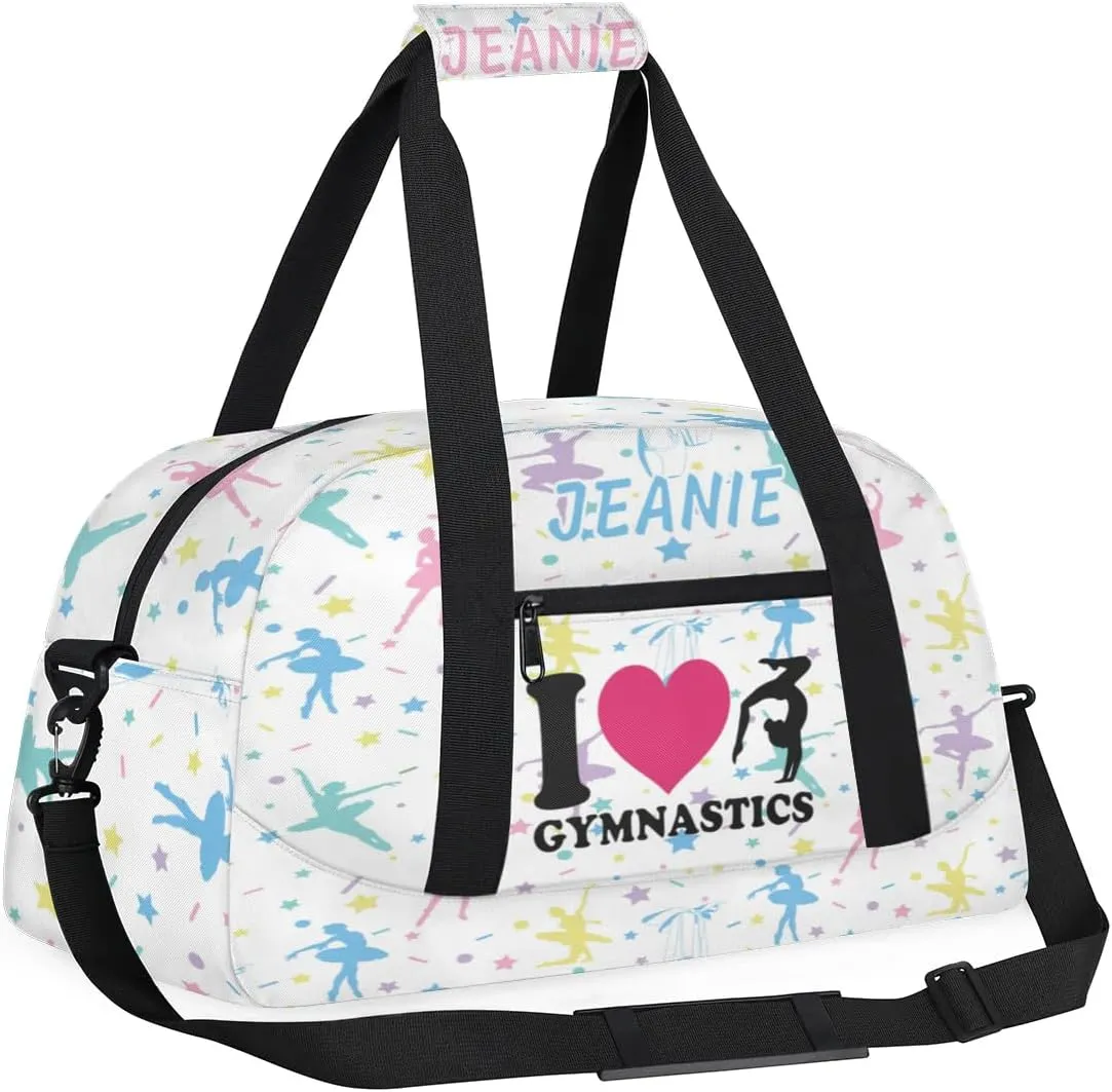 Personalize Kids Gym Duffel Bags with Custom Name & Text Gymnastics Sport Carry-On Garment Shoes Bags Gift for Girls Boys Teens Overnight Weekender Travel White 3
