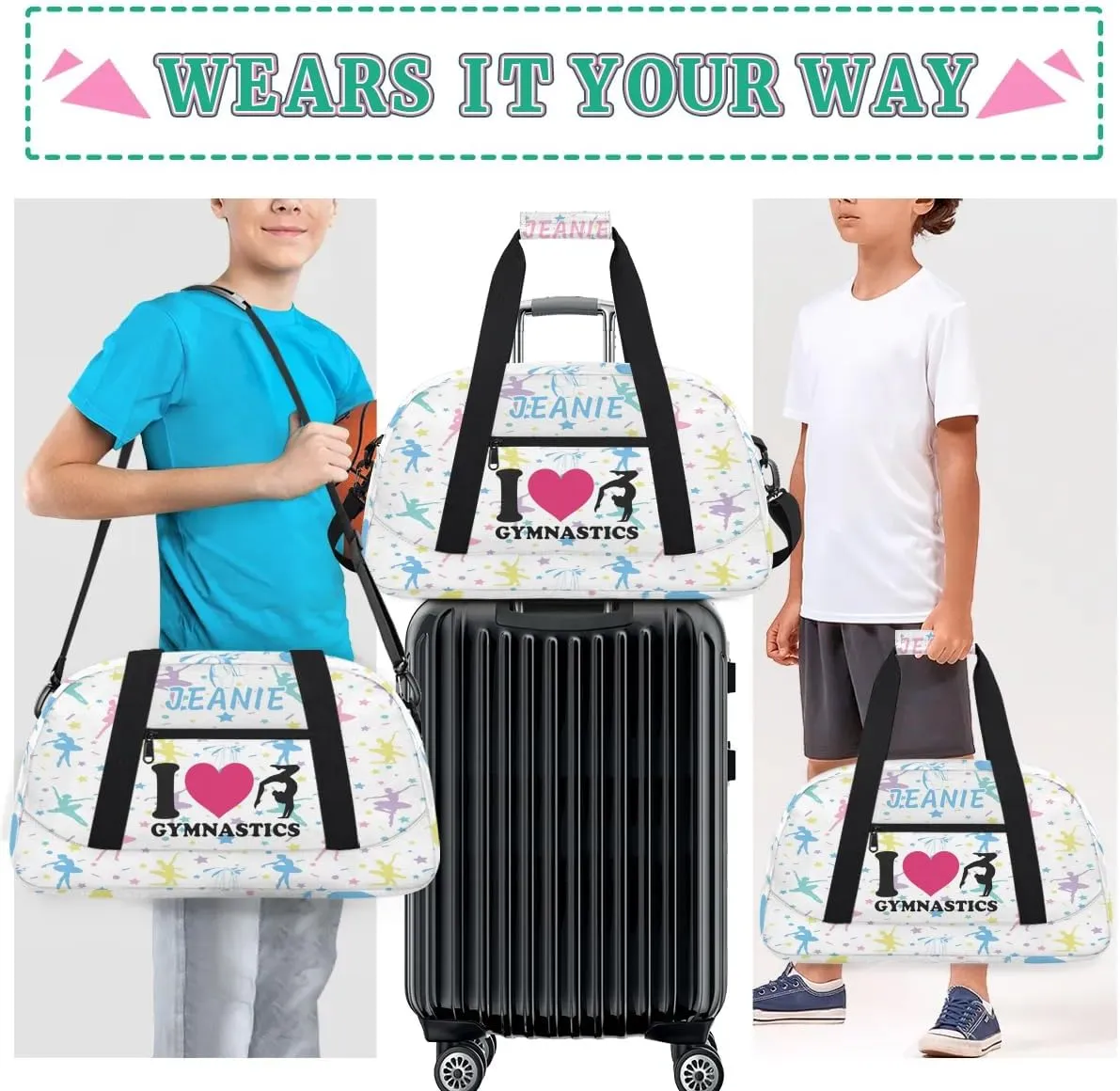 Personalize Kids Gym Duffel Bags with Custom Name & Text Gymnastics Sport Carry-On Garment Shoes Bags Gift for Girls Boys Teens Overnight Weekender Travel White 3
