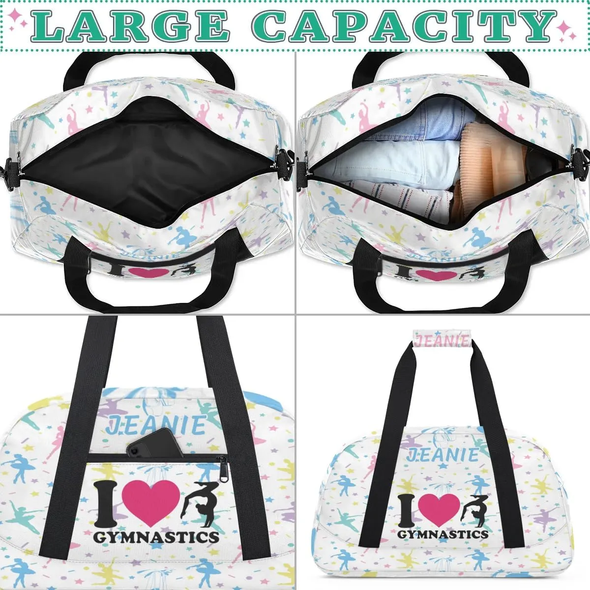 Personalize Kids Gym Duffel Bags with Custom Name & Text Gymnastics Sport Carry-On Garment Shoes Bags Gift for Girls Boys Teens Overnight Weekender Travel White 3