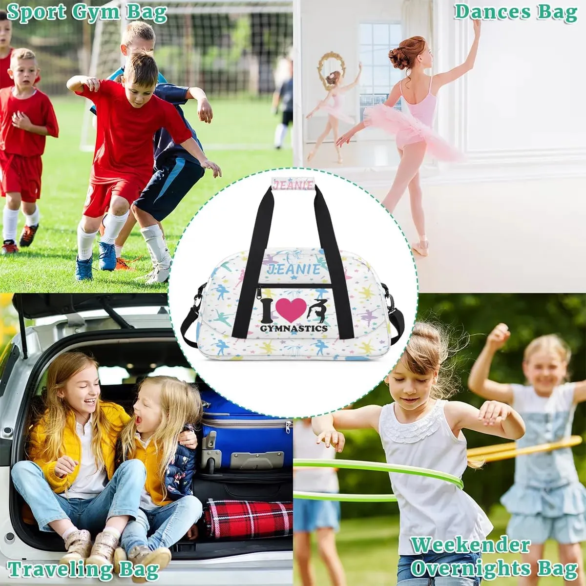 Personalize Kids Gym Duffel Bags with Custom Name & Text Gymnastics Sport Carry-On Garment Shoes Bags Gift for Girls Boys Teens Overnight Weekender Travel White 3
