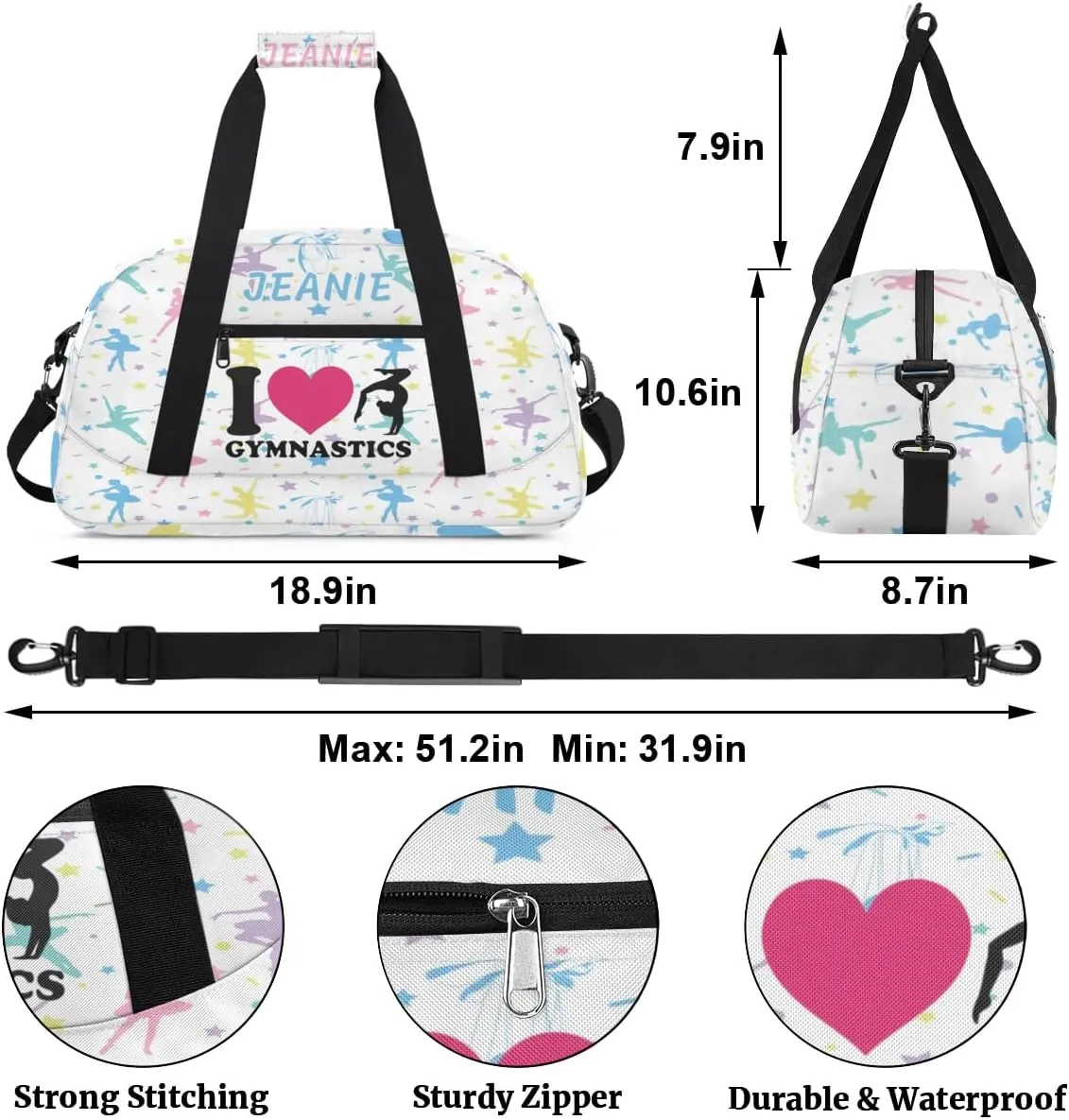 Personalize Kids Gym Duffel Bags with Custom Name & Text Gymnastics Sport Carry-On Garment Shoes Bags Gift for Girls Boys Teens Overnight Weekender Travel White 3