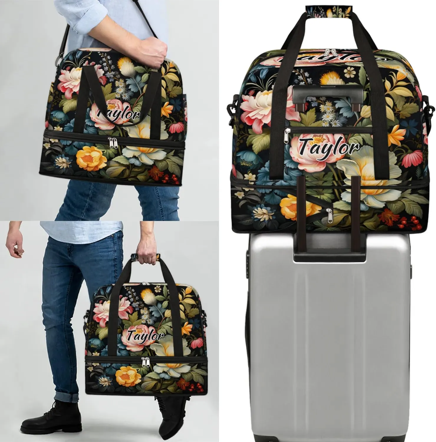 Personalized Duffel Bag with Name, Custom Flowers Spring Travel Sports Gym Yoga Beach Bag Customized Weekender Overnight Bag with Shoes Compartment for Women, Floral