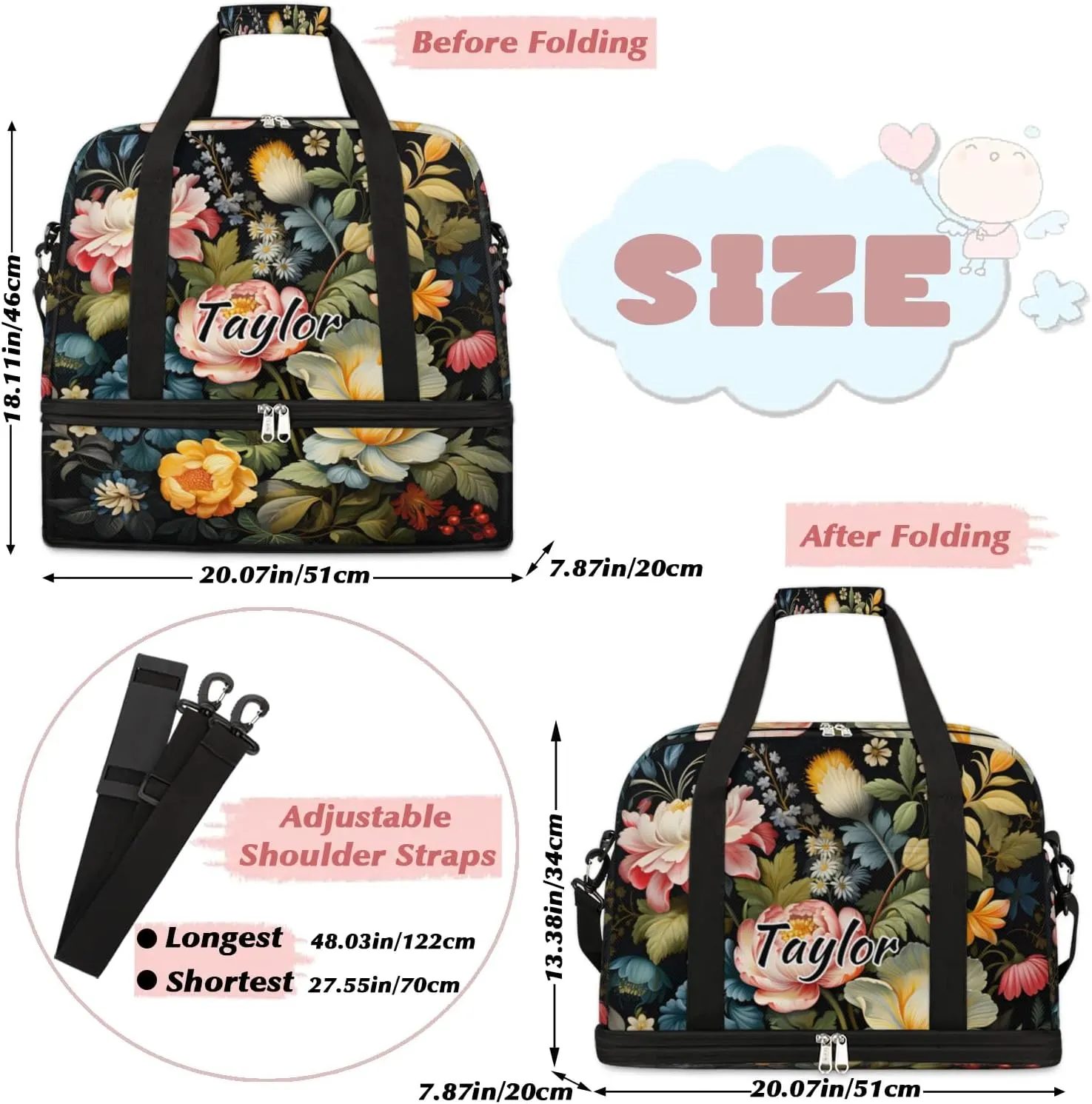 Personalized Duffel Bag with Name, Custom Flowers Spring Travel Sports Gym Yoga Beach Bag Customized Weekender Overnight Bag with Shoes Compartment for Women, Floral