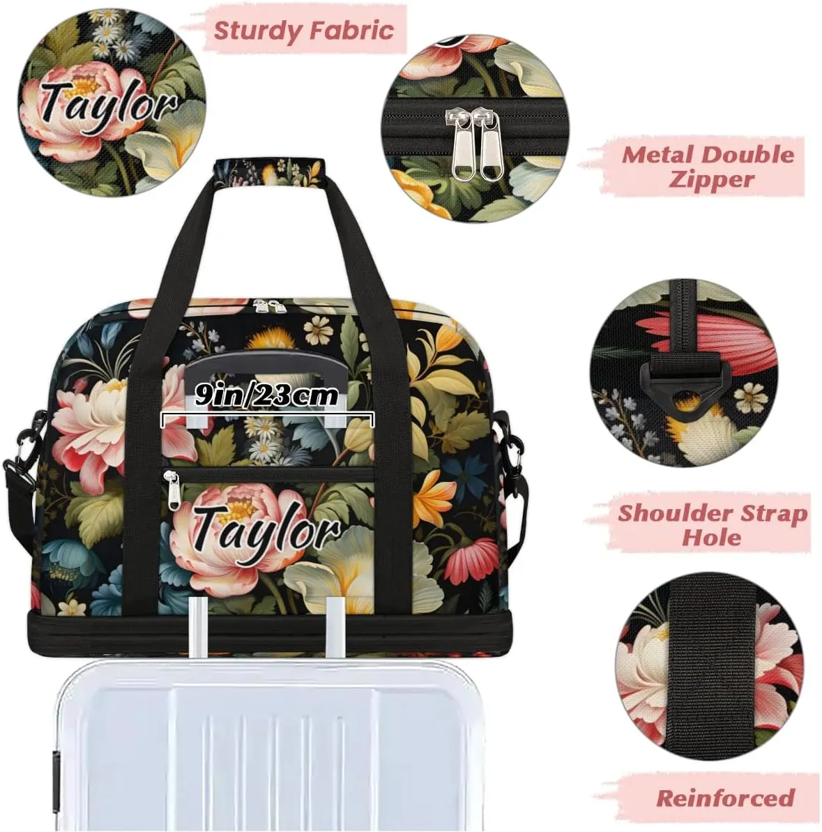 Personalized Duffel Bag with Name, Custom Flowers Spring Travel Sports Gym Yoga Beach Bag Customized Weekender Overnight Bag with Shoes Compartment for Women, Floral