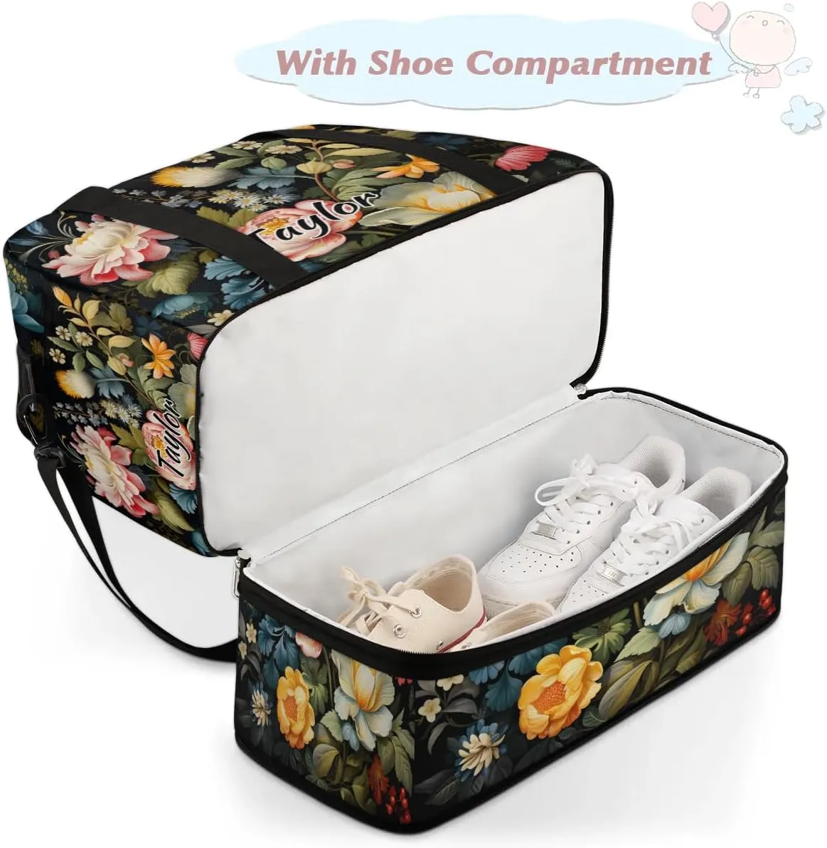 Personalized Duffel Bag with Name, Custom Flowers Spring Travel Sports Gym Yoga Beach Bag Customized Weekender Overnight Bag with Shoes Compartment for Women, Floral