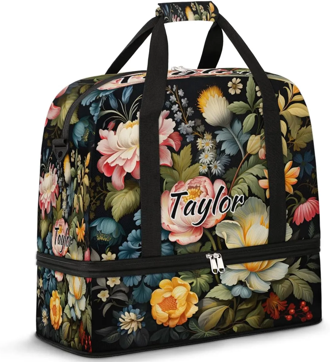 Personalized Duffel Bag with Name, Custom Flowers Spring Travel Sports Gym Yoga Beach Bag Customized Weekender Overnight Bag with Shoes Compartment for Women, Floral