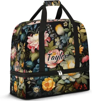 Personalized Duffel Bag with Name, Custom Flowers Spring Travel Sports Gym Yoga Beach Bag Customized Weekender Overnight Bag with Shoes Compartment for Women, Floral