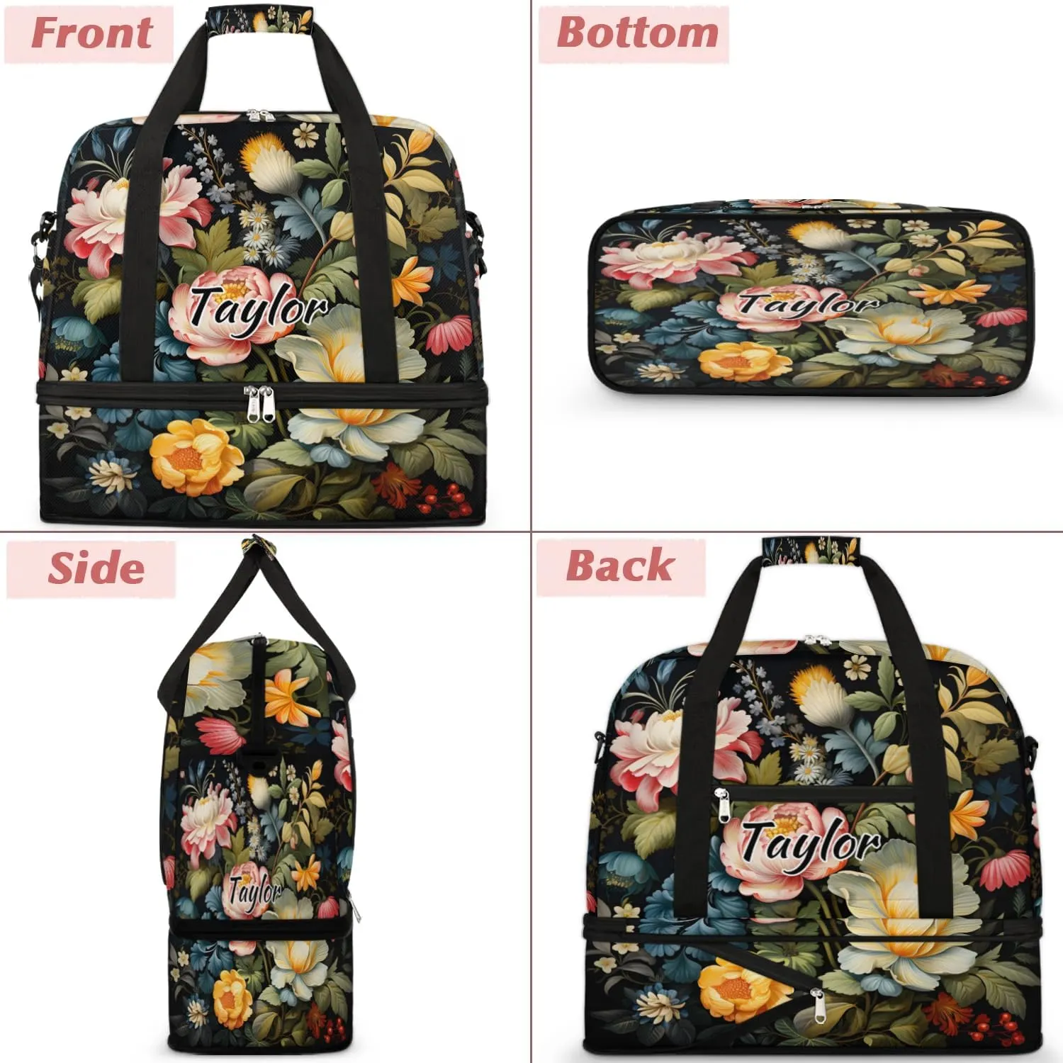 Personalized Duffel Bag with Name, Custom Flowers Spring Travel Sports Gym Yoga Beach Bag Customized Weekender Overnight Bag with Shoes Compartment for Women, Floral