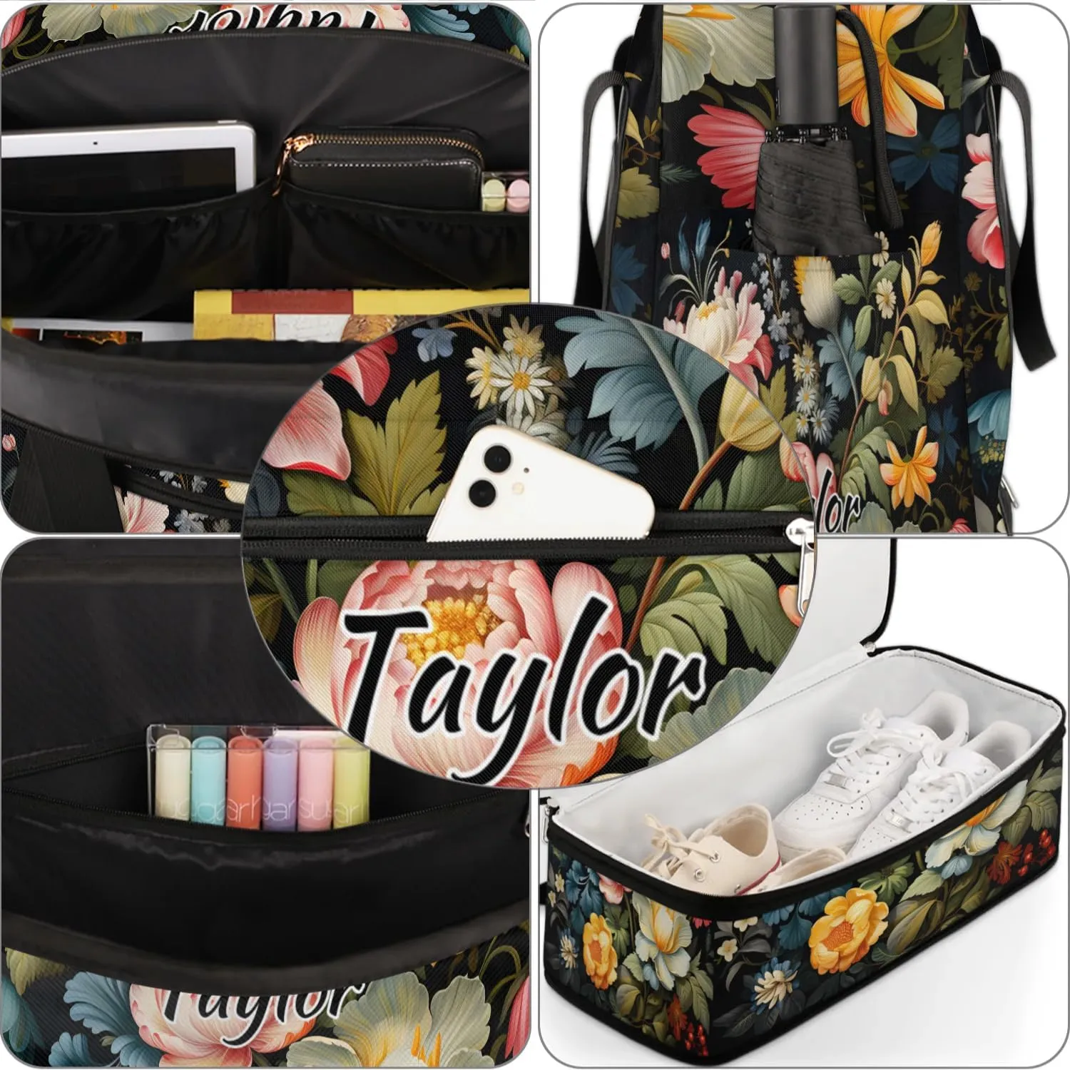 Personalized Duffel Bag with Name, Custom Flowers Spring Travel Sports Gym Yoga Beach Bag Customized Weekender Overnight Bag with Shoes Compartment for Women, Floral