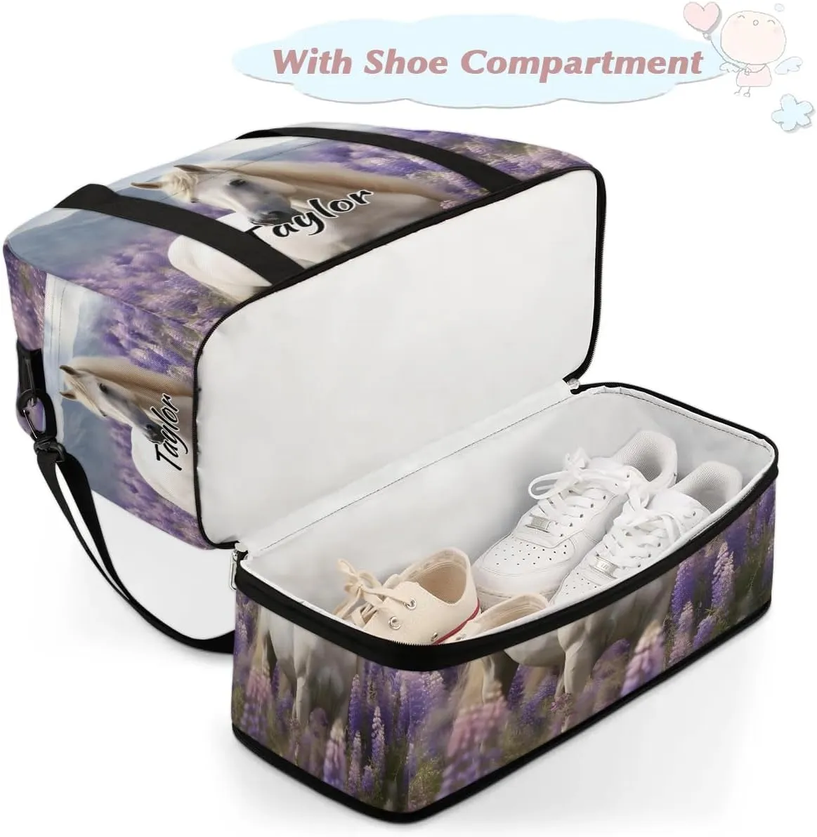 Personalized Duffel Bag with Name, Custom Lavender Travel Sports Gym Yoga Beach Bag Customized Weekender Overnight Bag with Shoes Compartment for Women, White Horse
