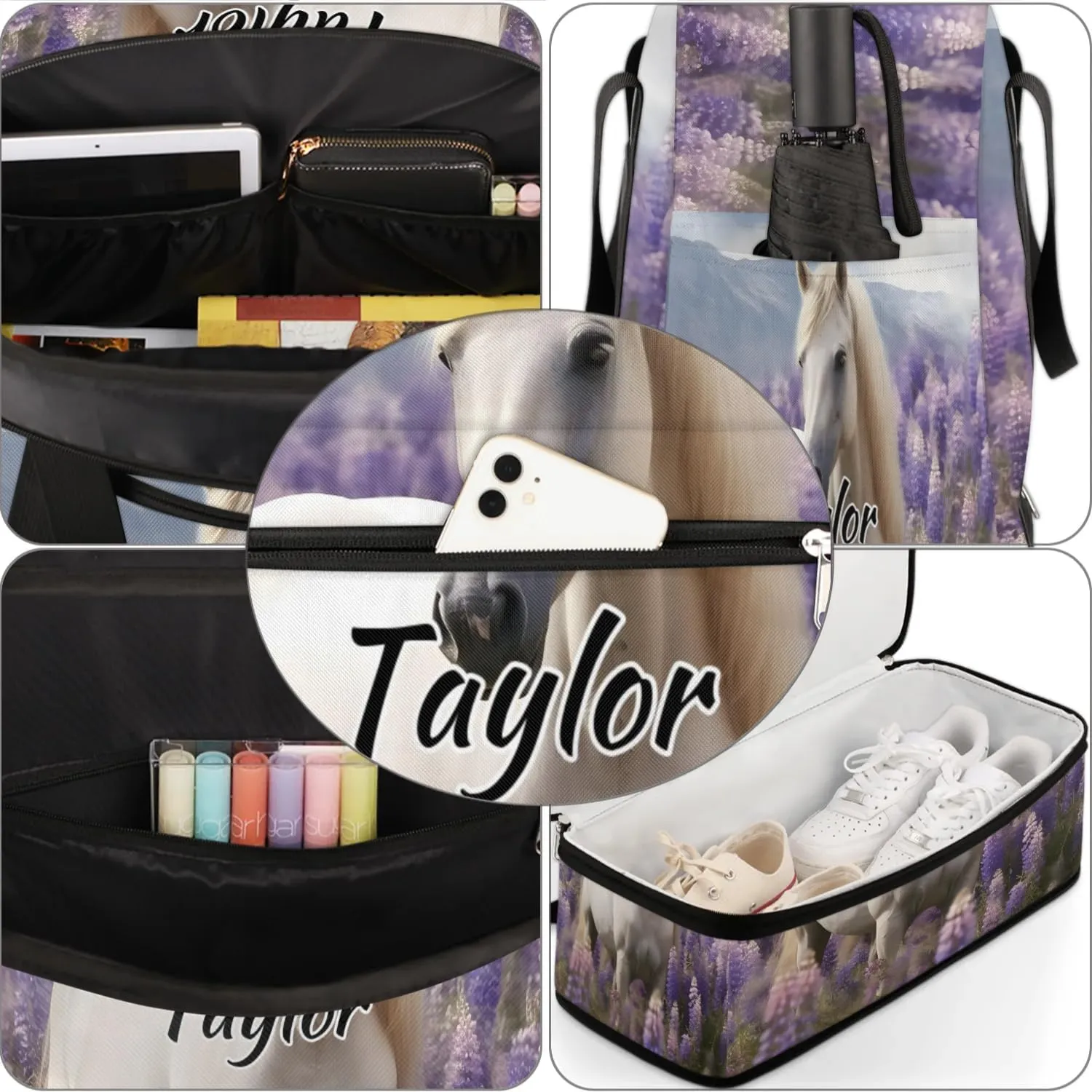 Personalized Duffel Bag with Name, Custom Lavender Travel Sports Gym Yoga Beach Bag Customized Weekender Overnight Bag with Shoes Compartment for Women, White Horse