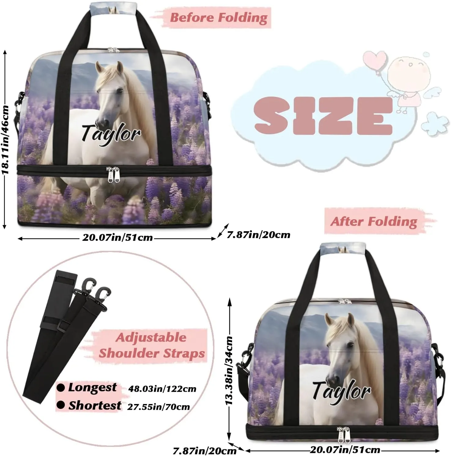Personalized Duffel Bag with Name, Custom Lavender Travel Sports Gym Yoga Beach Bag Customized Weekender Overnight Bag with Shoes Compartment for Women, White Horse