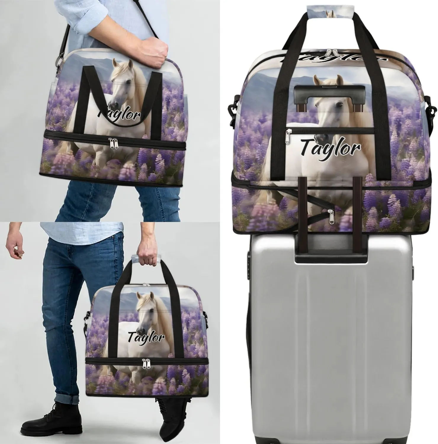 Personalized Duffel Bag with Name, Custom Lavender Travel Sports Gym Yoga Beach Bag Customized Weekender Overnight Bag with Shoes Compartment for Women, White Horse