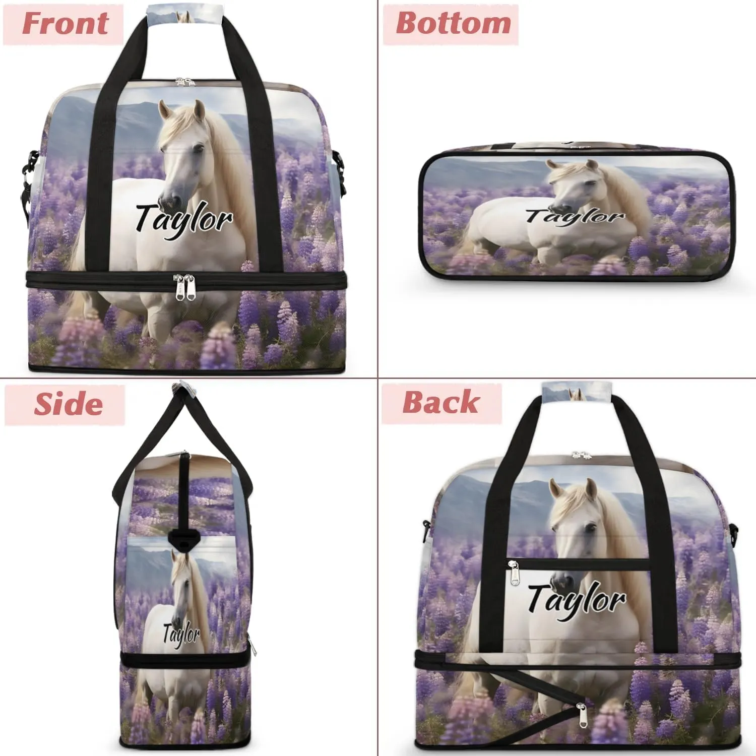 Personalized Duffel Bag with Name, Custom Lavender Travel Sports Gym Yoga Beach Bag Customized Weekender Overnight Bag with Shoes Compartment for Women, White Horse