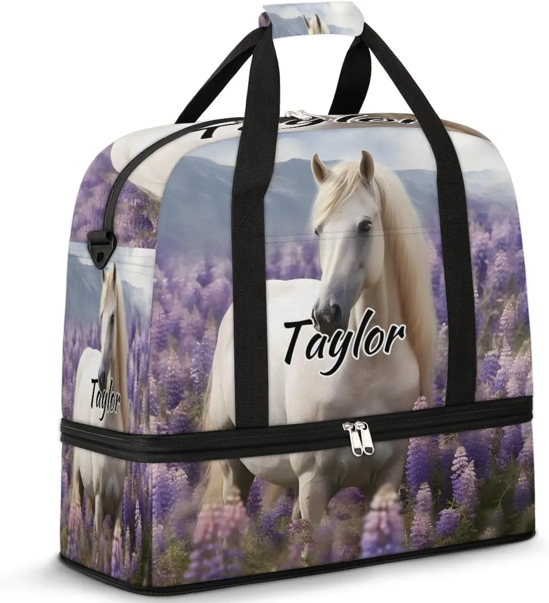 Personalized Duffel Bag with Name, Custom Lavender Travel Sports Gym Yoga Beach Bag Customized Weekender Overnight Bag with Shoes Compartment for Women, White Horse
