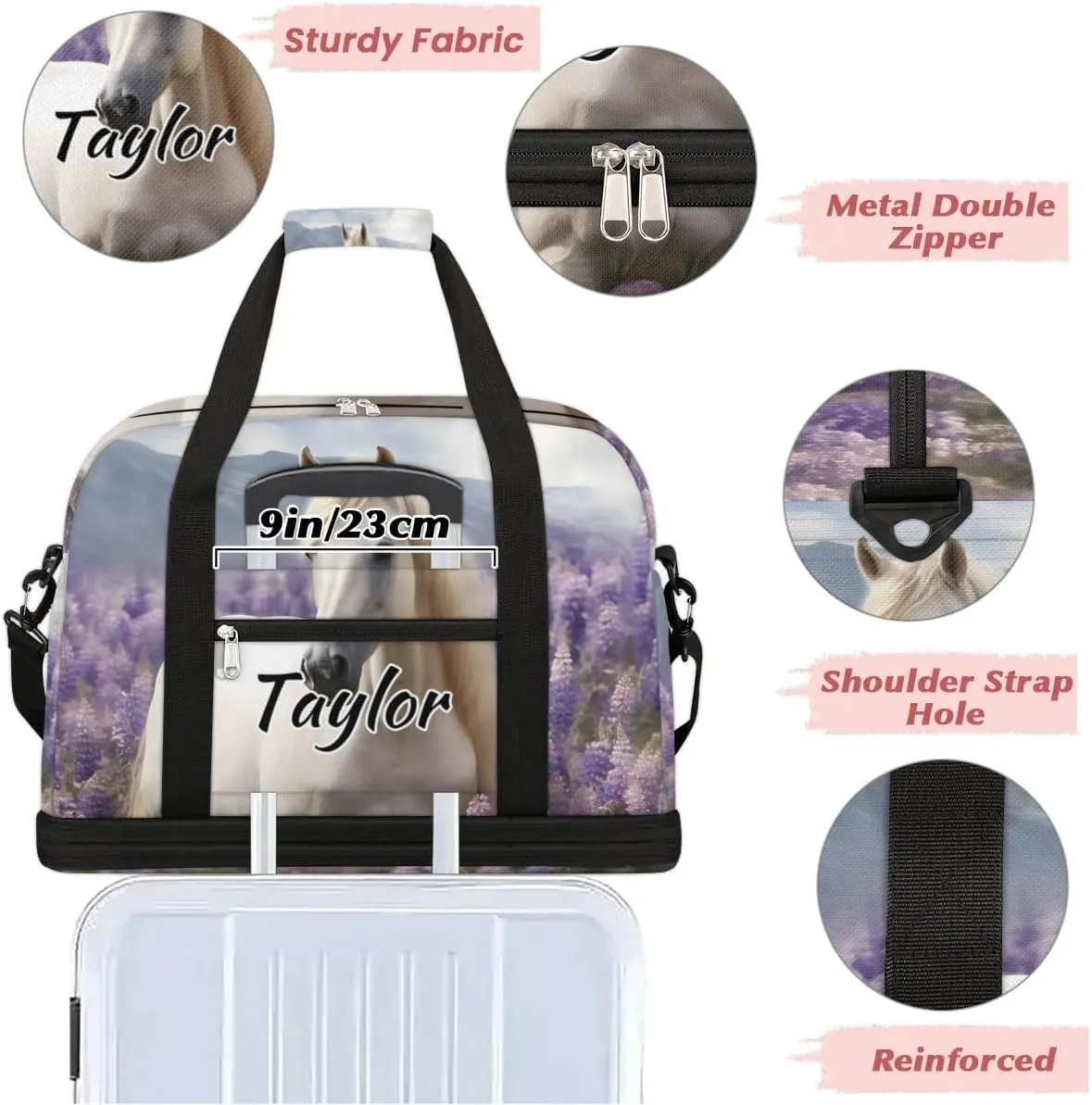 Personalized Duffel Bag with Name, Custom Lavender Travel Sports Gym Yoga Beach Bag Customized Weekender Overnight Bag with Shoes Compartment for Women, White Horse