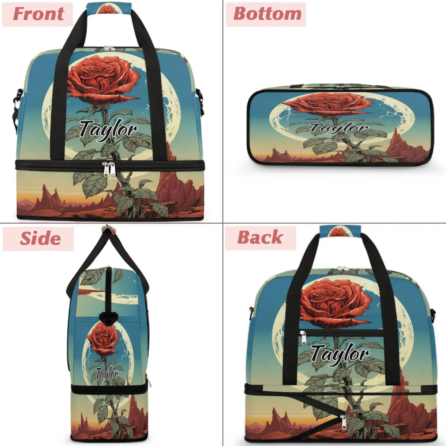Personalized Duffel Bag with Name, Custom Rose Flowers Travel Sports Gym Yoga Beach Bag Customized Weekender Overnight Bag with Shoes Compartment for Women, Moon