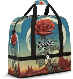 Personalized Duffel Bag with Name, Custom Rose Flowers Travel Sports Gym Yoga Beach Bag Customized Weekender Overnight Bag with Shoes Compartment for Women, Moon