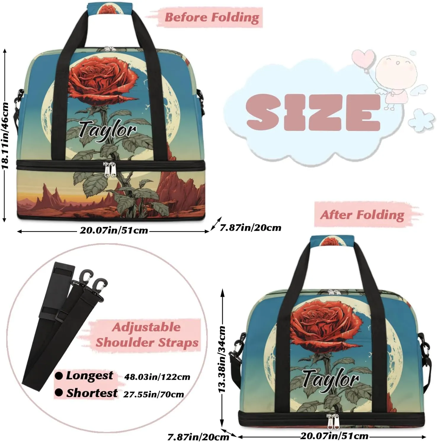 Personalized Duffel Bag with Name, Custom Rose Flowers Travel Sports Gym Yoga Beach Bag Customized Weekender Overnight Bag with Shoes Compartment for Women, Moon