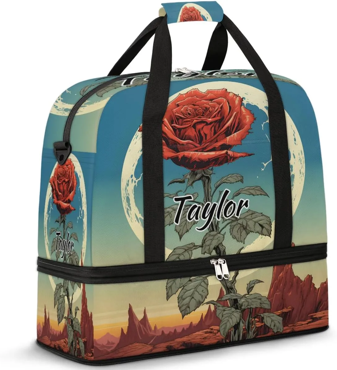 Personalized Duffel Bag with Name, Custom Rose Flowers Travel Sports Gym Yoga Beach Bag Customized Weekender Overnight Bag with Shoes Compartment for Women, Moon