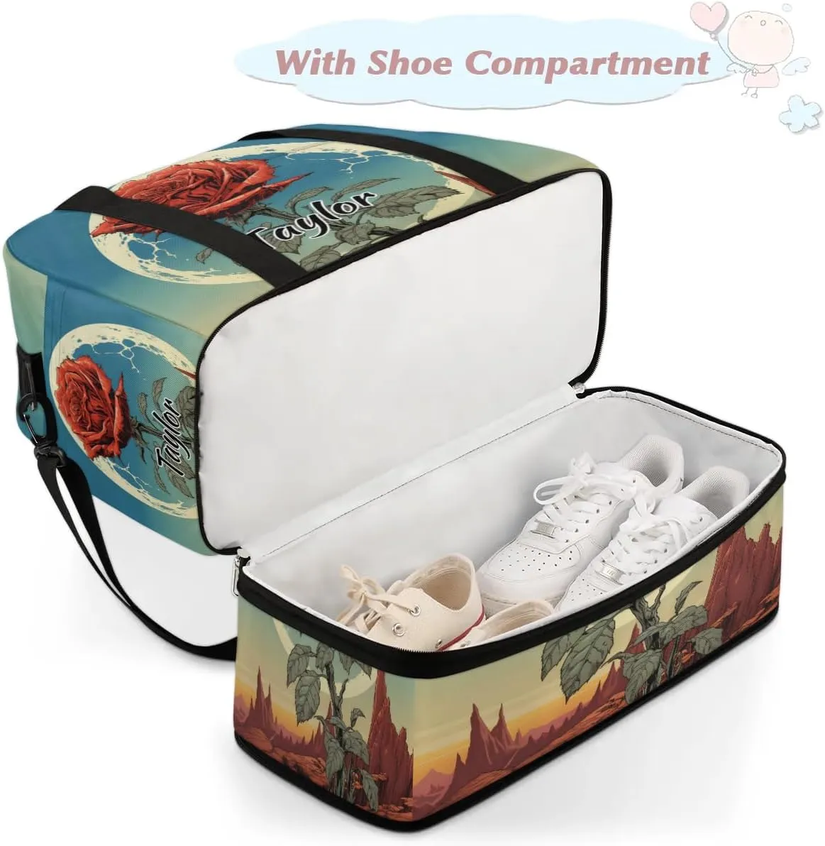 Personalized Duffel Bag with Name, Custom Rose Flowers Travel Sports Gym Yoga Beach Bag Customized Weekender Overnight Bag with Shoes Compartment for Women, Moon