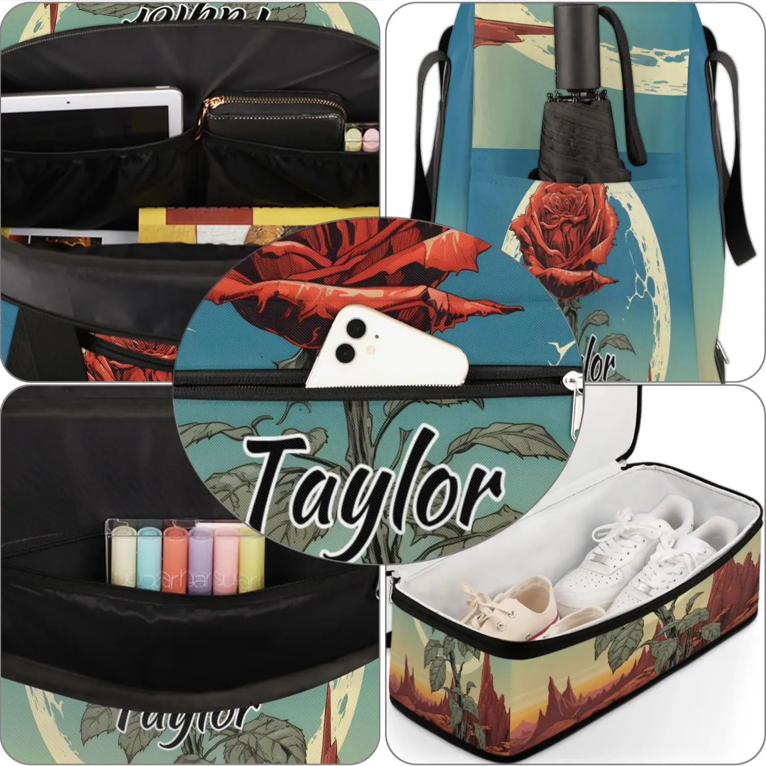 Personalized Duffel Bag with Name, Custom Rose Flowers Travel Sports Gym Yoga Beach Bag Customized Weekender Overnight Bag with Shoes Compartment for Women, Moon