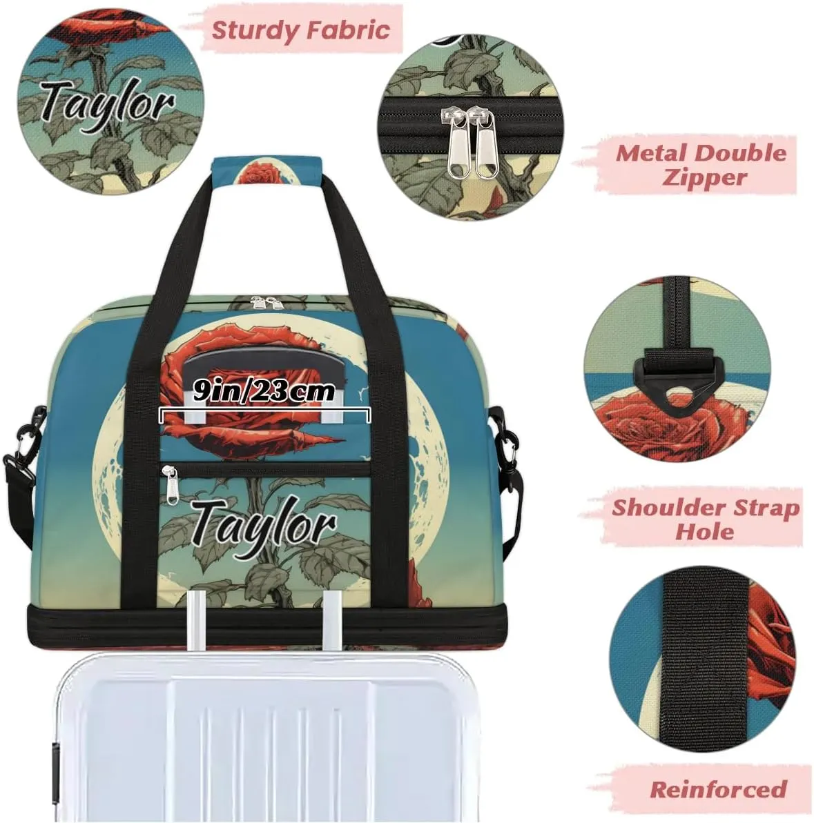 Personalized Duffel Bag with Name, Custom Rose Flowers Travel Sports Gym Yoga Beach Bag Customized Weekender Overnight Bag with Shoes Compartment for Women, Moon