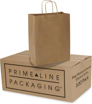 Prime Line Packaging Medium Brown Paper Bags with Handles, Kraft Gift for Small Business, Shopping, Boutiques, Retail Store, Bulk, 10x5x13, 100 Pack