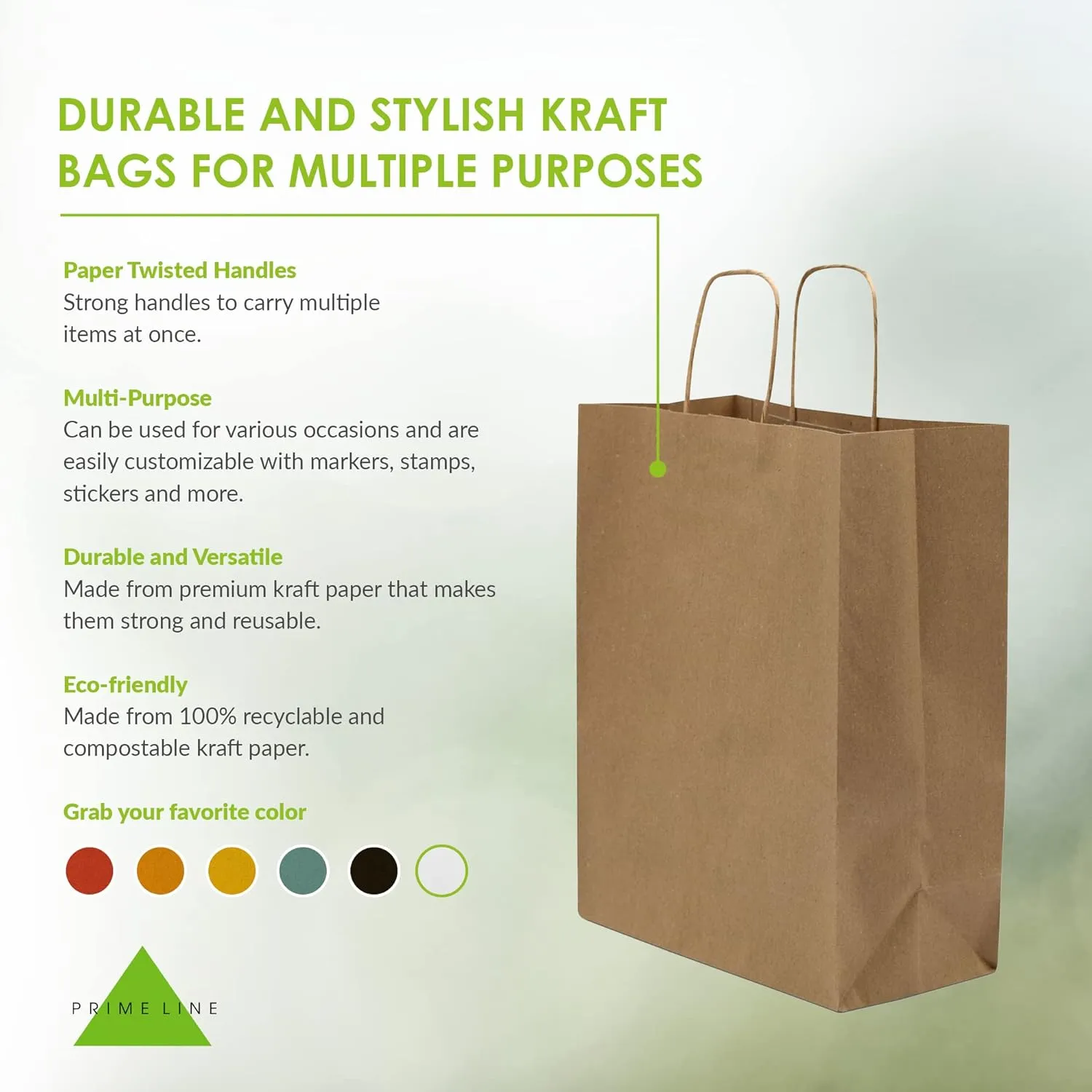 Prime Line Packaging Medium Brown Paper Bags with Handles, Kraft Gift for Small Business, Shopping, Boutiques, Retail Store, Bulk, 10x5x13, 100 Pack