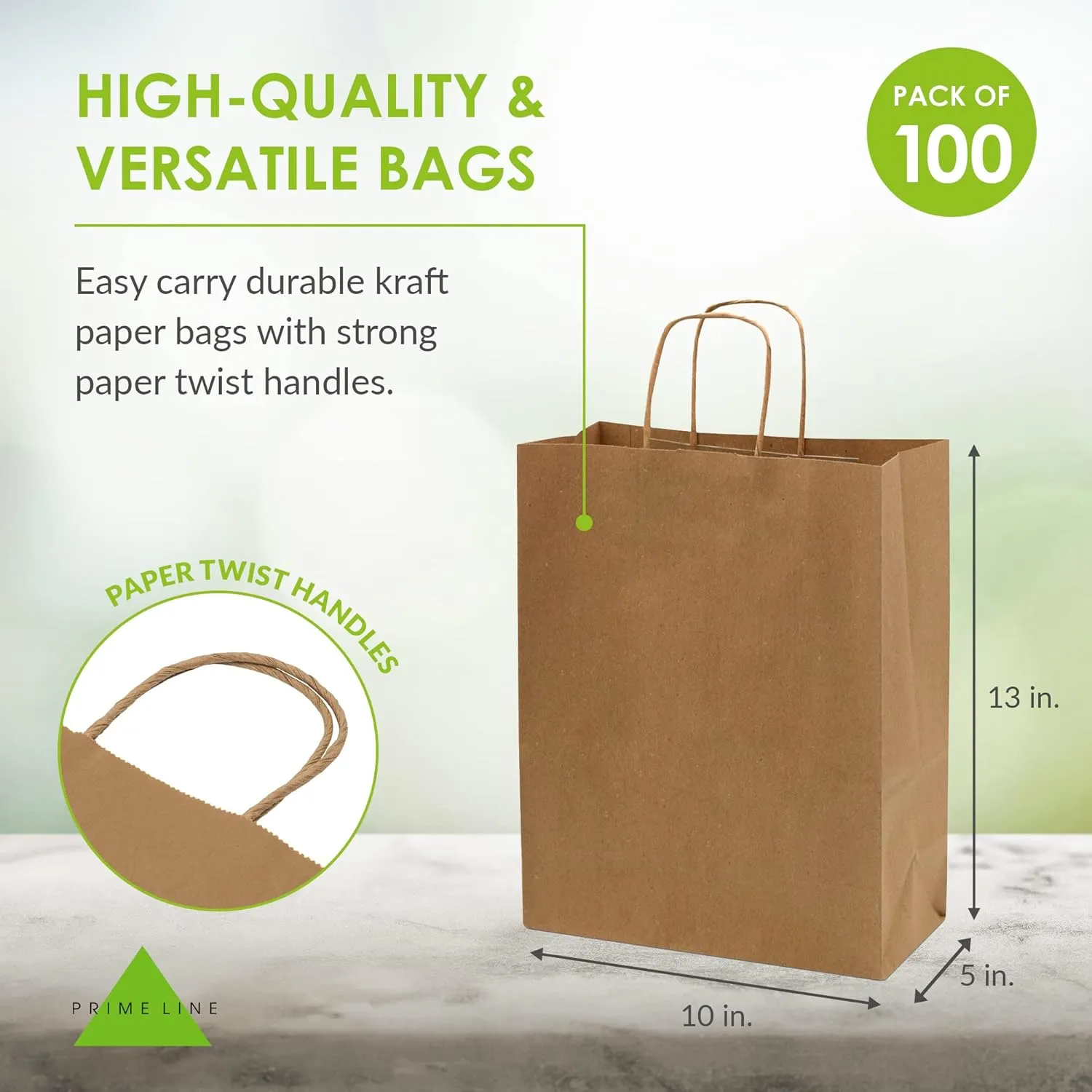 Prime Line Packaging Medium Brown Paper Bags with Handles, Kraft Gift for Small Business, Shopping, Boutiques, Retail Store, Bulk, 10x5x13, 100 Pack
